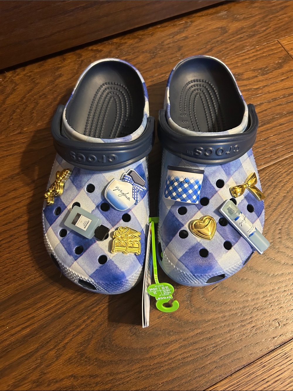 CROCS Women’s Blue Plaid Clogs with Charms - Picture 4 of 5